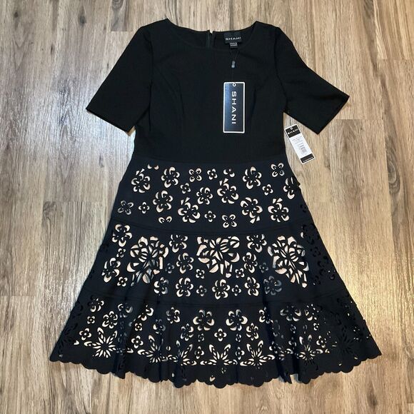 New‎ Shani Laser Cut Crepe Dress Ponte Fit & Flare Black Nude Size 10 Floral NWT - Picture 1 of 9